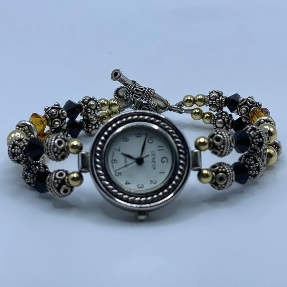 Geneva Boho Silver Gold Beaded Bracelet Watch Toggle Clasp Mixed Metal - 7.5